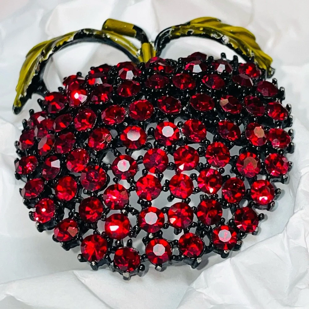 Weiss Red Rhinestone Apple Brooch Pin, Japanned Black Setting, Enamel Leaves